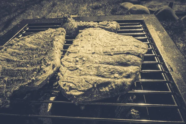 Bifes Grelhados Acampar Grelha Portátil — Fotografia de Stock