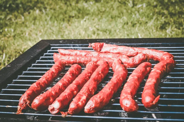 Enchidos Grelhados Recreação Livre Churrasco Portátil — Fotografia de Stock