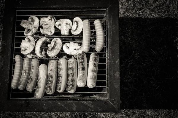 Sausages Grilled Outdoor Recreation Portable Barbecue — Stock Photo, Image