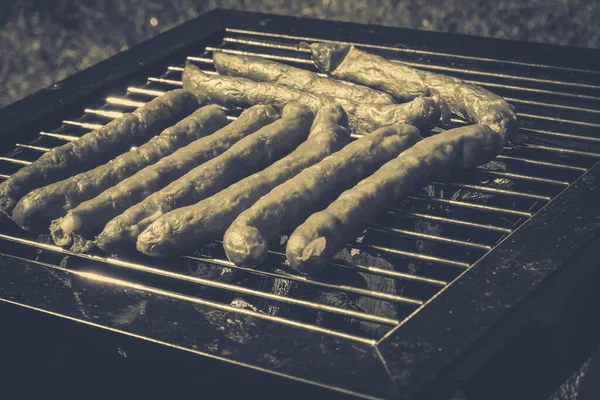 Enchidos Grelhados Recreação Livre Churrasco Portátil — Fotografia de Stock