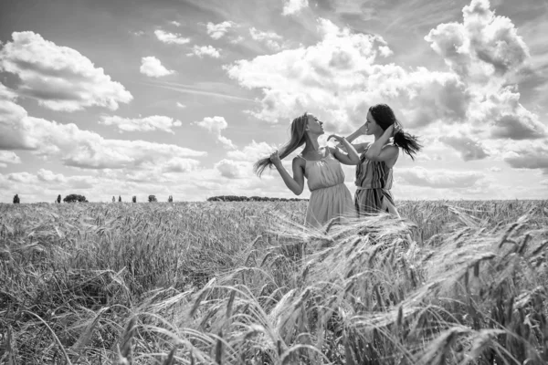 Twee jonge meisjes permanent in een tarweveld. — Stockfoto