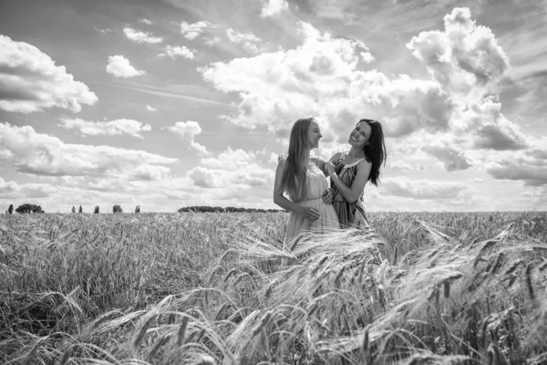 Duas meninas de pé em um campo de trigo . — Fotografia de Stock