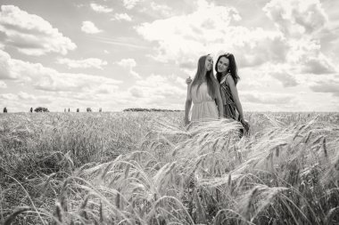 Kızlar bir buğday alanında daimi