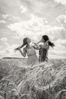 Kızlar bir buğday alanında daimi