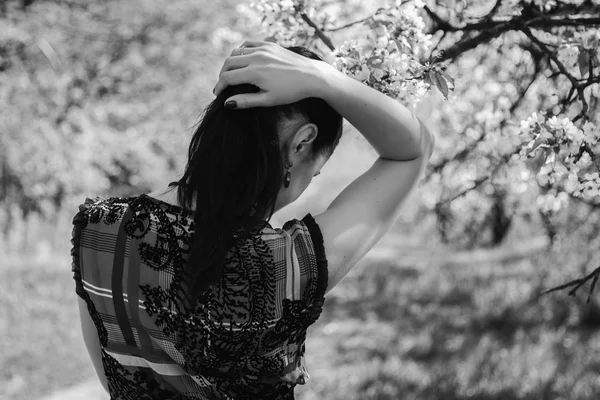 Girl near a flowering tree — Stock Photo, Image