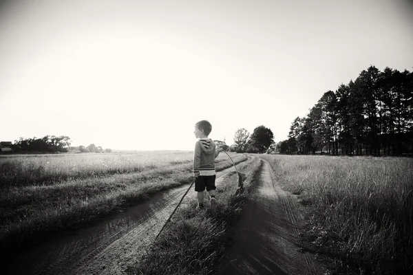 Ragazzo in un campo con margherite — Foto Stock