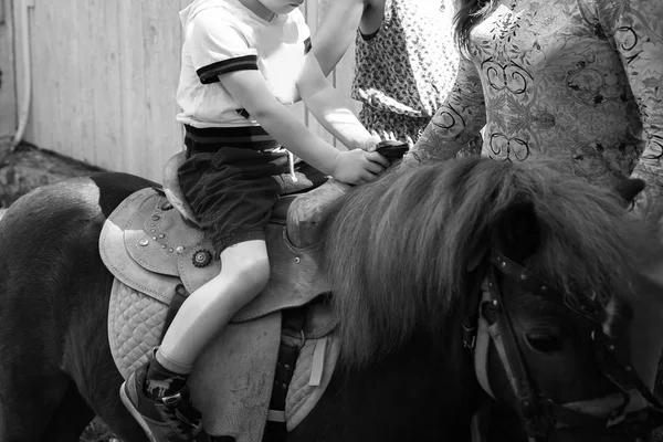 Kleine jongen rijden pony — Stockfoto