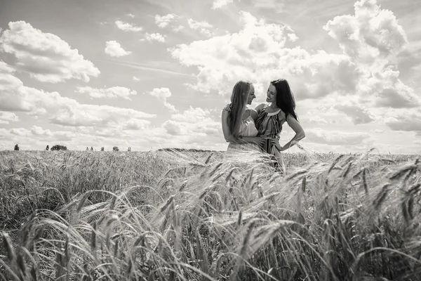 Dvě mladé dívky stojící v pšeničné pole. — Stock fotografie