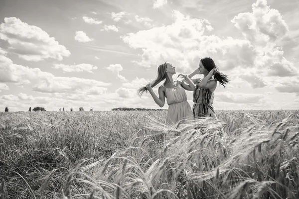 Dvě mladé dívky stojící v pšeničné pole. — Stock fotografie