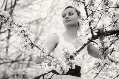 kadının yanına ilkbaharda çiçek açan ağaç