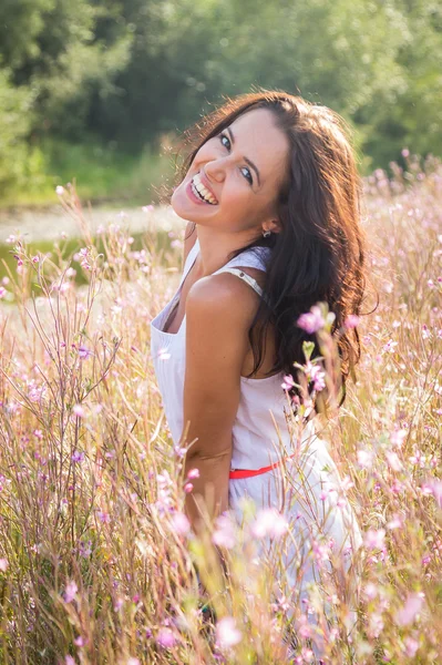 Mulher morena no campo de verão — Fotografia de Stock