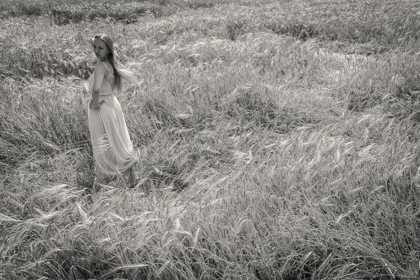 Senhora no campo de trigo . — Fotografia de Stock