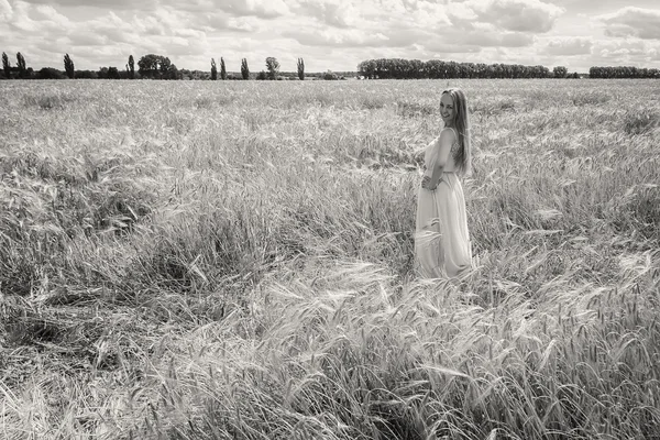 Senhora no campo de trigo . — Fotografia de Stock