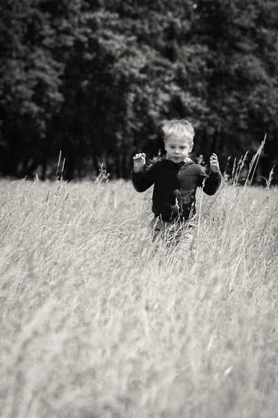 Liten pojke som körs på ett fält — Stockfoto