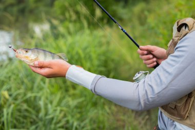 Bir levrek elinde tutan balıkçı
