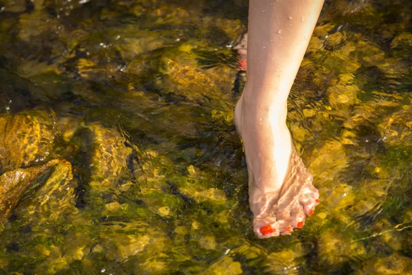 Pernas femininas em um riacho selvagem — Fotografia de Stock
