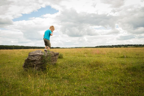 Kleine jongen in het midden van het veld op de steen. — Stockfoto