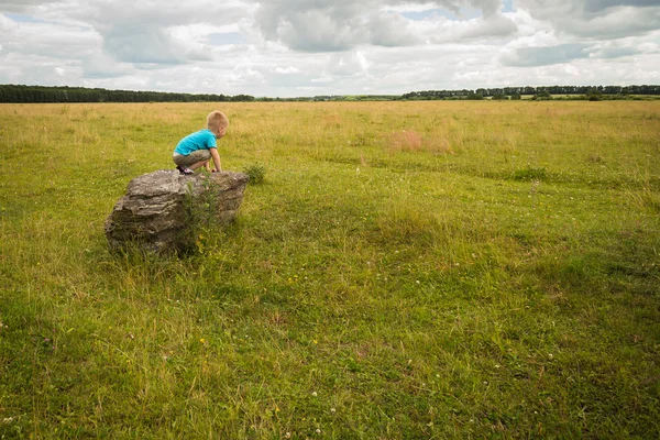 Kleiner Junge mitten auf dem Feld auf dem Stein. — Stockfoto