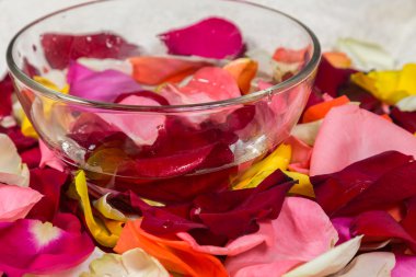 Çiçek yaprakları Spa'da bir kasede