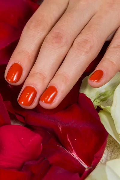 Mãos de mulher com esmalte vermelho — Fotografia de Stock