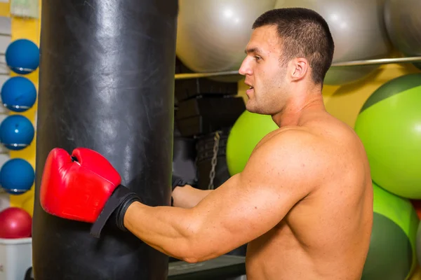 Uomo muscoloso in guanti da boxe in palestra — Foto Stock