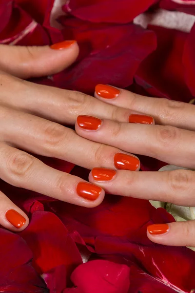 Mãos de mulher com esmalte vermelho — Fotografia de Stock