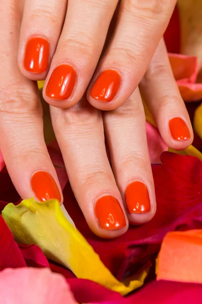 Manos de mujer con esmalte de uñas rojo — Foto de Stock