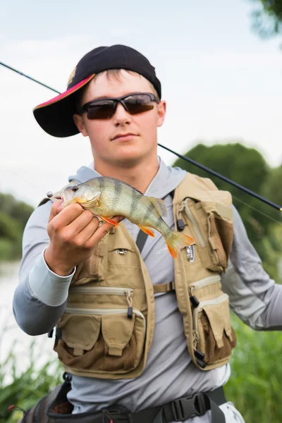 Fisherman holding a perch in hand — Stock Photo, Image