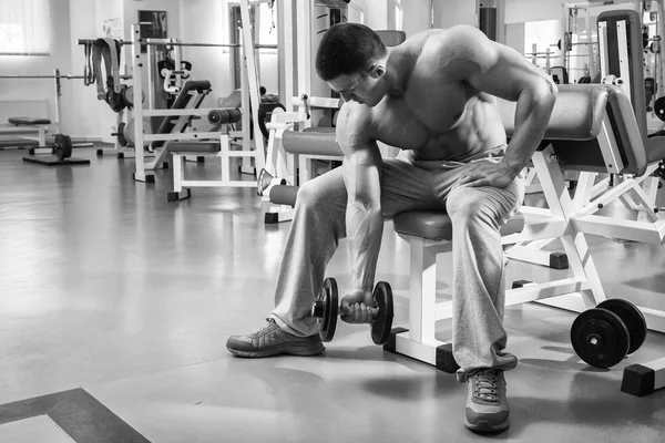Muskulöser Mann, der mit Hanteln trainiert — Stockfoto
