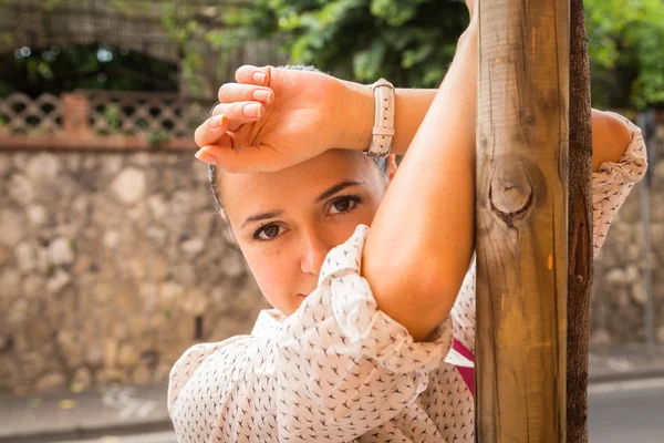 stock image Beautiful girl on the city street