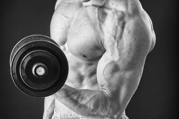 Handsome muscular man making exercises with dumbbells — Stock Photo, Image