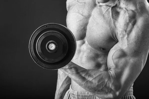 Bonito homem muscular fazendo exercícios com halteres — Fotografia de Stock