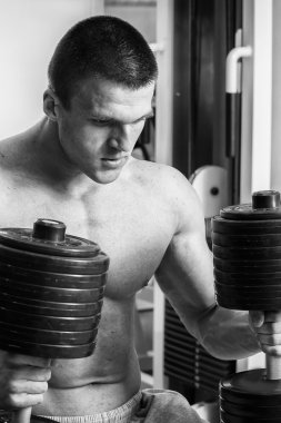 Vücut geliştirmeci dumbbells ile kuvvet eğitimi yapıyor