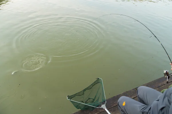 Father and son in the process of catching fish — Stock Photo, Image