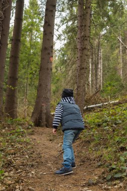 Küçük çocuk ormanda bir yürüyüş