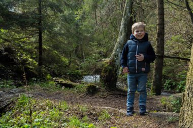 Küçük çocuk ormanda bir yürüyüş