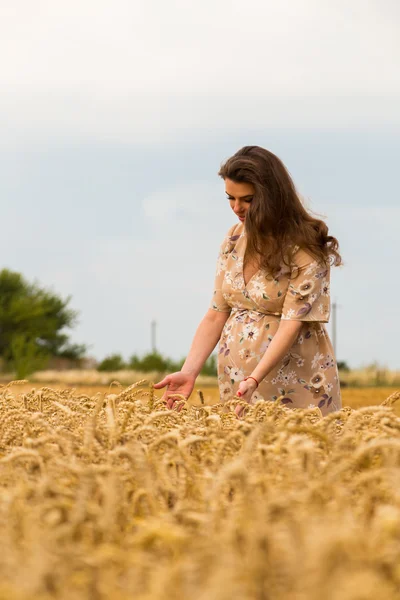 Těhotná žena v pšeničné pole — Stock fotografie