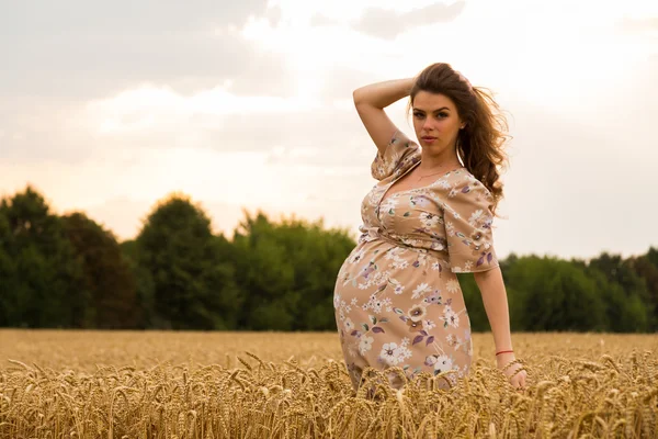 Kobieta w ciąży w polu pszenicy. — Zdjęcie stockowe