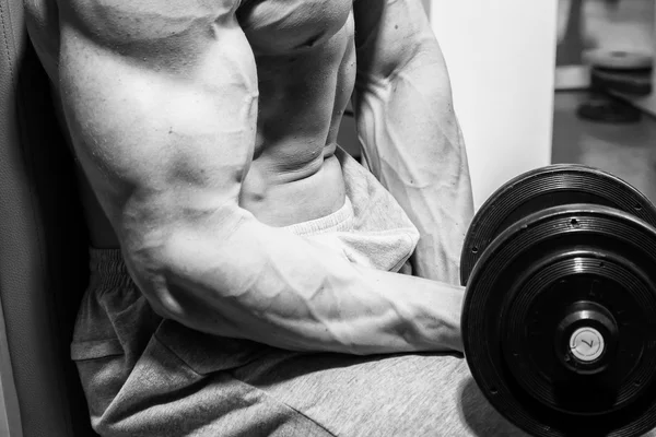 Homem musculoso trabalhando com halteres — Fotografia de Stock