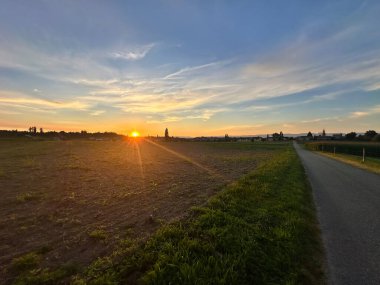 Sıcak altın ışıkla kırsal alanda gün batımı.