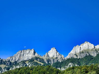 Arka planda dağlar olan ağaçlar tarafından çerçevelenmiş Lakeside görünümü.