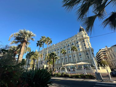 Seaside city view with elegant hotels, palm trees and calm blue water.