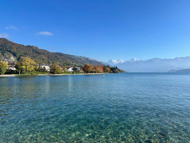 İsviçre 'deki Thun Gölü' nün güzel sonbahar manzarası. Kıyı boyunca renkli ağaçlar ve açık mavi gökyüzünün altında karla kaplı Alpler..