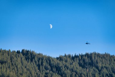 Helikopter askıya alınmış kargoyla ormanın üzerinde uçuyor..