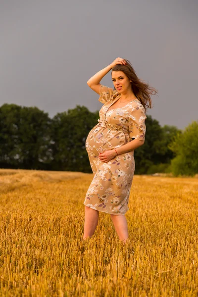 Красивая беременная женщина на прогулке по пшеничному полю — стоковое фото
