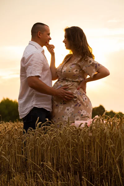 Mulher grávida bonita em um passeio em um campo de trigo — Fotografia de Stock