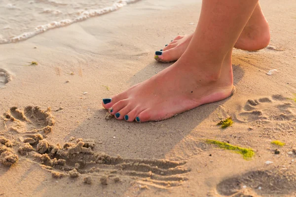 Baby and adult feet on sea sand — Stock Photo, Image