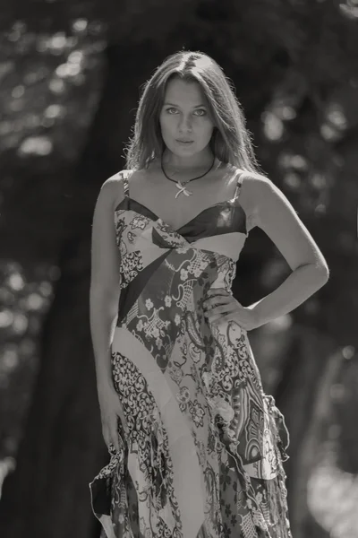 Uma menina jovem e atraente em belo vestido de verão no meio de prados ensolarados — Fotografia de Stock