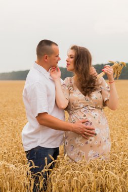 Genç bir adam ve taze kesilmiş buğday buğday tarlasında oturan bir hamile kadın
