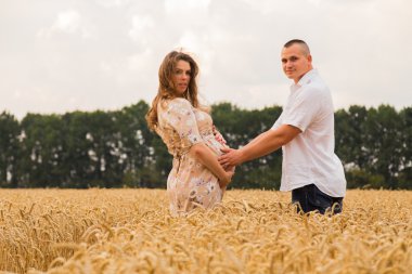 Genç bir adam ve taze kesilmiş buğday buğday tarlasında oturan bir hamile kadın